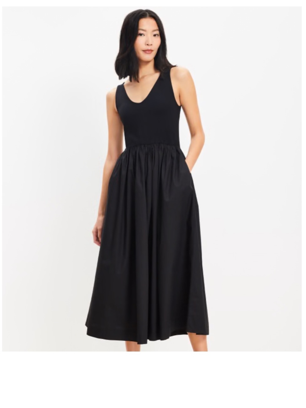 LOFT Black Sleeveless Gathered Midi Dress